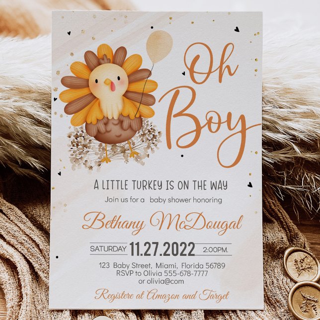 Convites Pequena Turquia A Caminho! Chá de fraldas de Ação  (A Thanksgiving baby shower invitation with a cute turkey, pumpkins, and autumn leaves, featuring the)