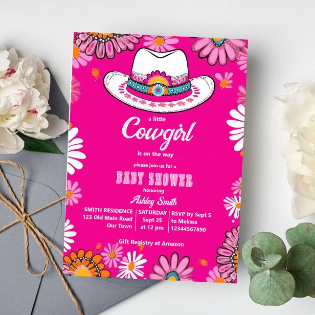 Convites Pequena vaquinha rosa retro chá de fraldas das mar (Little cowgirl groovy retro baby shower template invitation boho daisies cowgirl hat western themed)