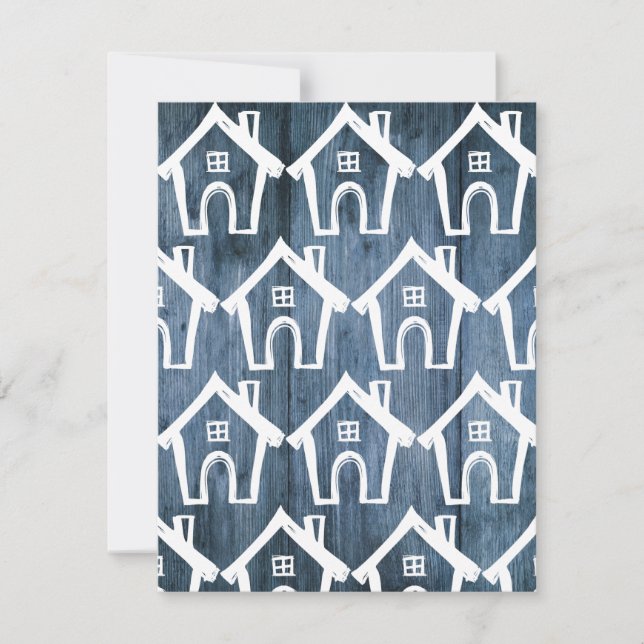 Convites Pequenas Casas Brancas em Madeira Azul Nós Mudamos (Frente)