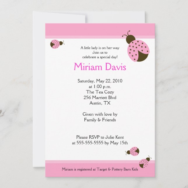 Convites Pequenas Damybugs Rosa 5x7 Chamadas de Bebê (Frente)