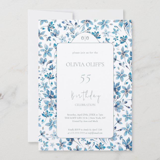 Convites Pequenas Flores Azuis Aniversário A Qualquer Idade (Frente)