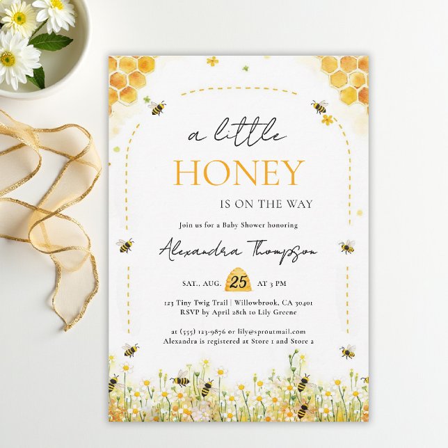 Convites Pequenas Flores Silvestres Arco de Mel Chá de Bebê (a little honey bee baby shower theme invitation spring summer watercolor elegant floral bumblebee)
