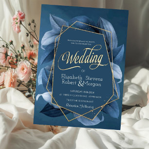 Convites Pequenas Folhas Azuis Moldura Dourada Casamento