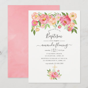Convites Pequenas Peônias Rosa em Aquarela Batismo
