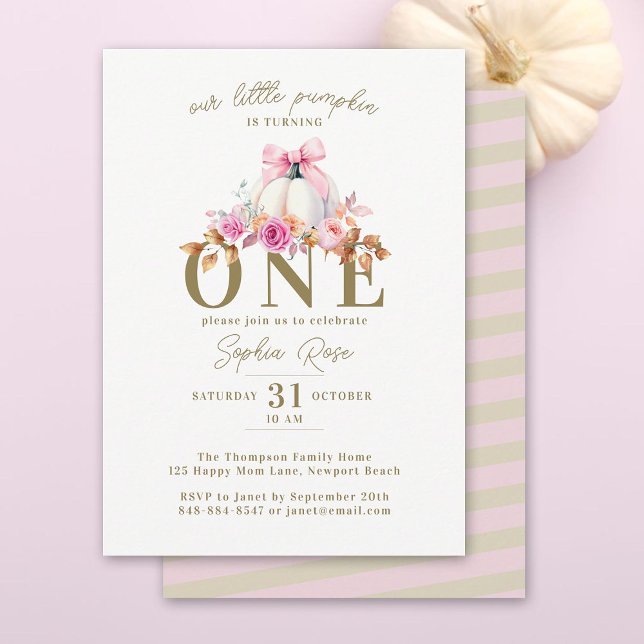 Convites Pequenas Rosas de Arco rosa-abóbora 1 rua Aniversá (our pumpkin is turning one girl 1st birthday party invitation pink bow roses elegant floral boho)