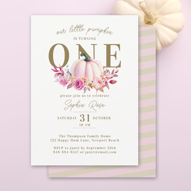 Convites Pequenas Rosas Rosa-Abóbora 1rua Aniversário Legan (little pumpkin turning one girl first birthday party invitation pink roses watercolor elegant boho)