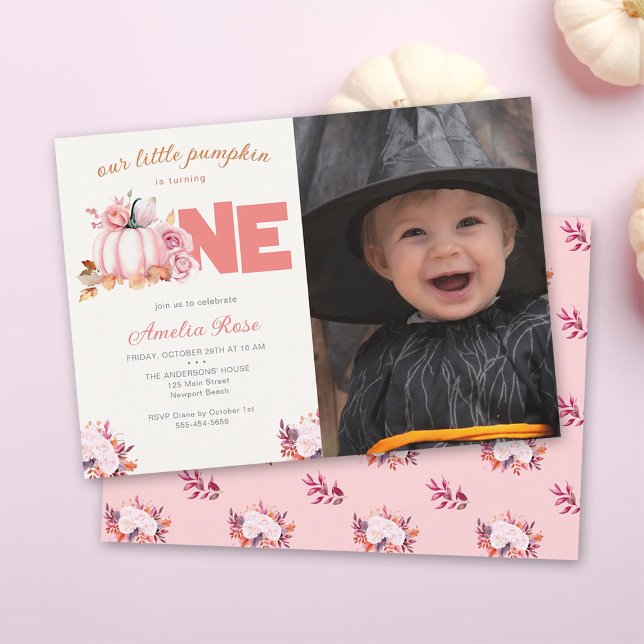 Convites Pequenas Rosas Rosa-Pumpkin Caiam Folhas primeiro  (our little pumpkin is turning one pink roses floral elegant rustic cute sweet watercolor calligraphy)