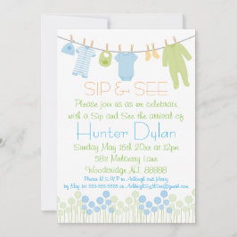 Convites Pequenas roupas azuis e verdes, e ver