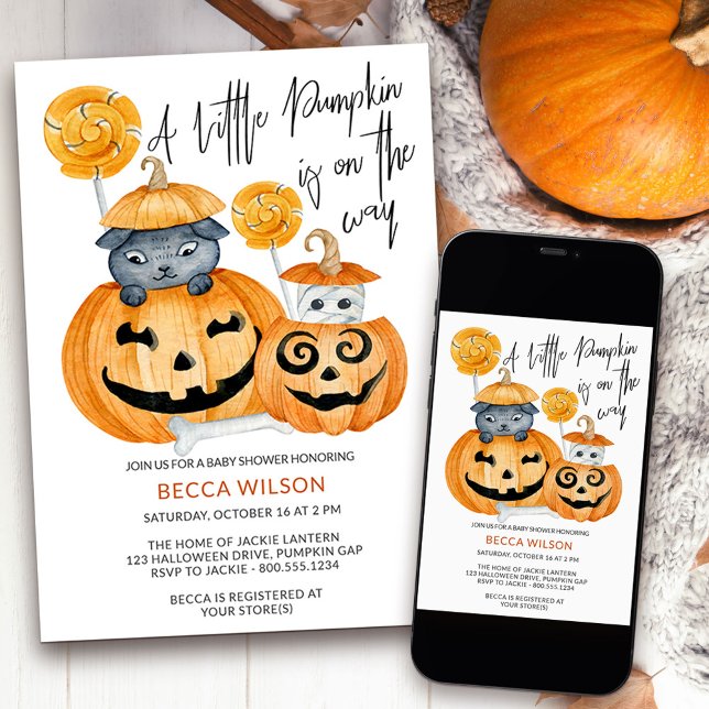 Convites Pequeno Abóbora no Chá de fraldas do Dia das Bruxa (Little Pumpkin cute halloween baby shower invitation available printed or as a printable download)