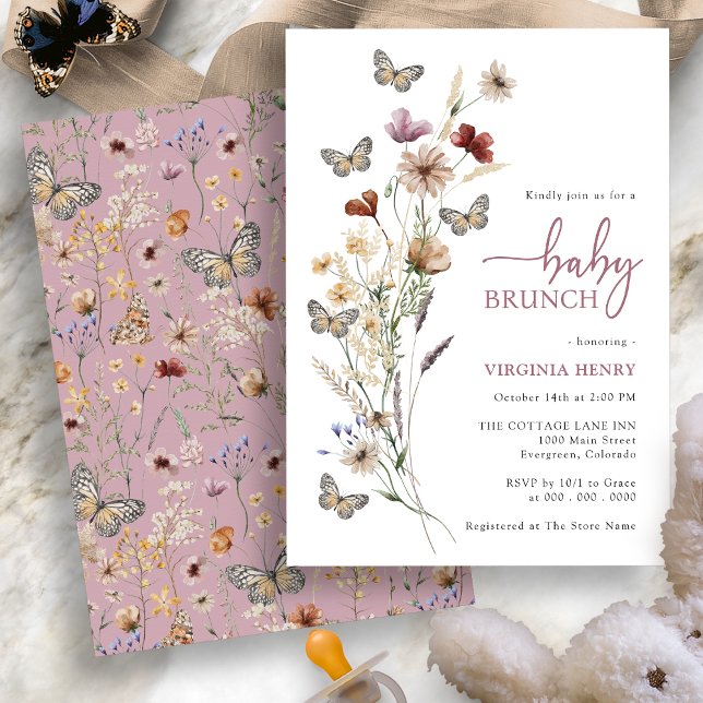 Convites Pequeno Almoço de Bebê Floral Boho Rosa (Dusty Pink Boho Floral Baby Brunch Invitation with Butterflies by Painted Paperie
)