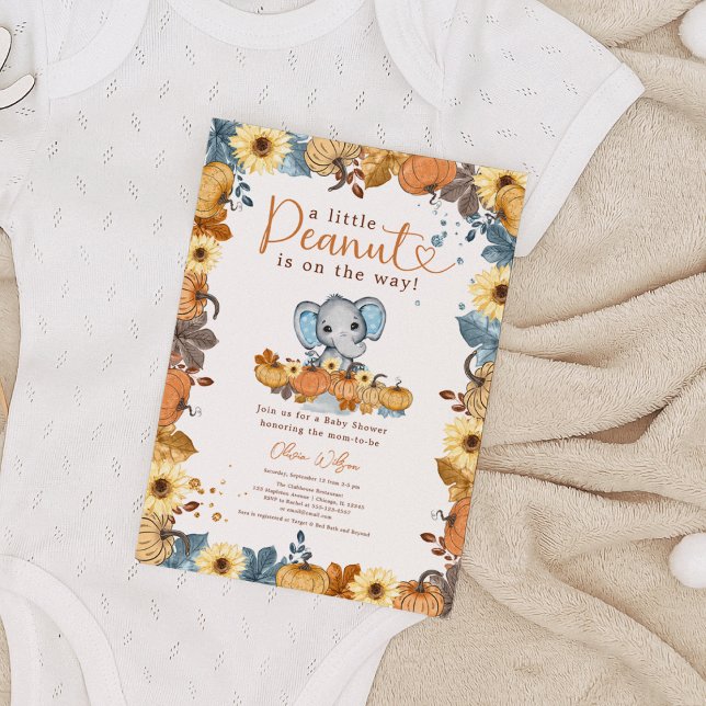 Convites Pequeno amendoim - Chá de fraldas de abóbora do el (A Little Peanut is on the Way - Fall Elephant Pumpkin Baby Boy Shower Invitation)