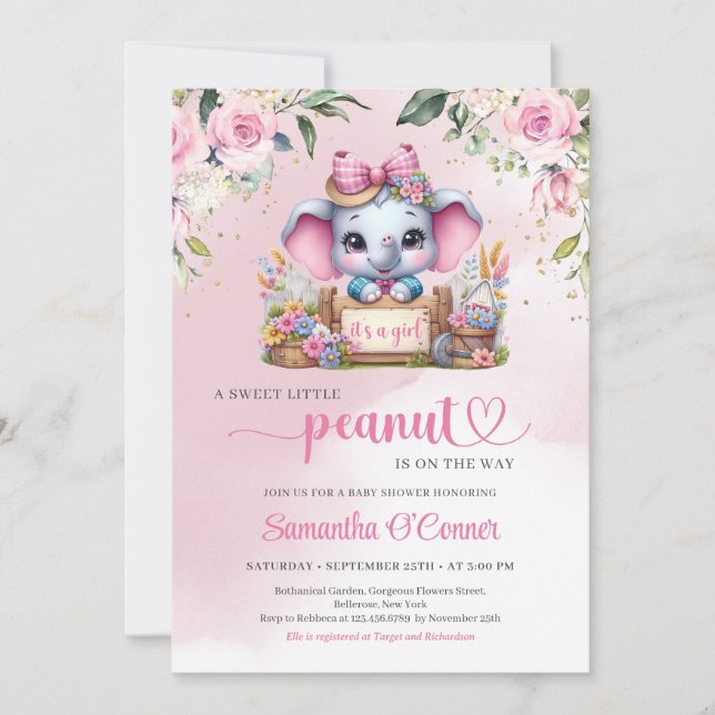 Convites Pequeno amendoim rosa-rosado elefante com ilustraç (Frente)