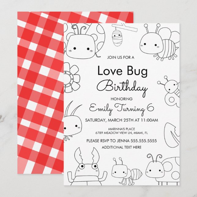 Convites Pequeno Amor Bug Aniversário Cor (Frente/Verso)