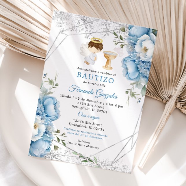 Convites Pequeno Angel Flores Azul Silver Boy Bautizo (Criador carregado)