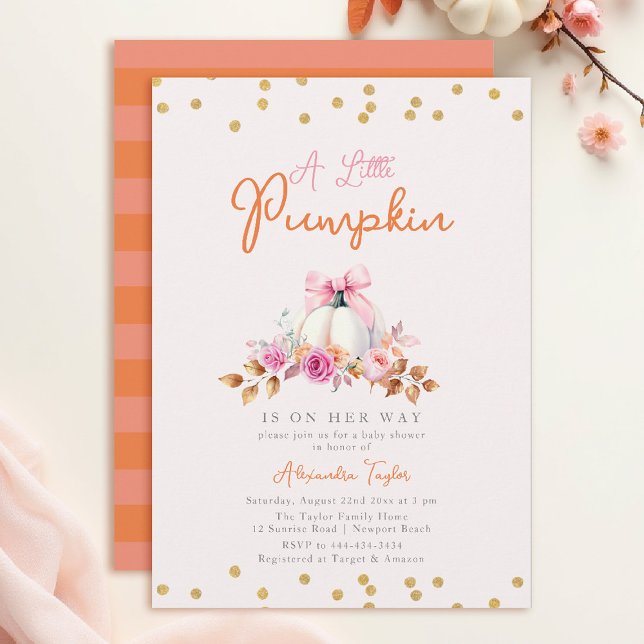 Convites Pequeno Arco de coquetel de abóbora Chá de fraldas (fall baby shower invitation girl little pumpkin floral botanical watercolor pink bow)