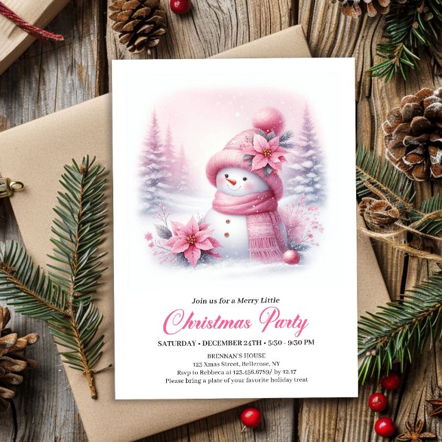 Convites Pequeno Boneco de Neve Rosa Digital Natal Crianças (Soft Pink Coquette Snowman Digital Kids Christmas Invite)