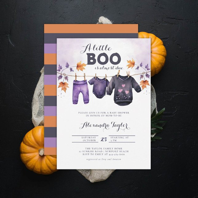 Convites Pequeno Boo Halloween Fall Outubro Baby Girl Chá (october baby shower ideas clothes line invitation halloween novermber fall leaves purple black)