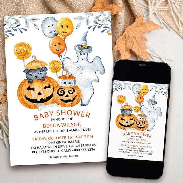 Convites Pequeno Boo Quase Devido Chá de fraldas de Dia das (Cute halloween baby shower invitation for when her little boo is almost due)