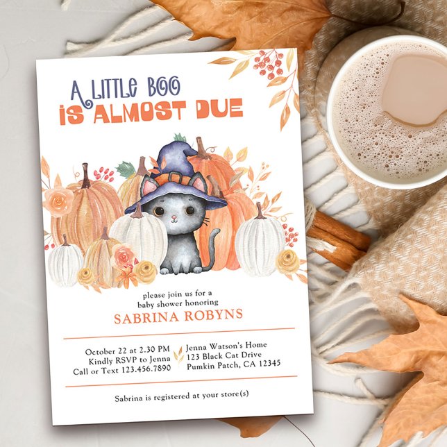 Convites Pequeno Boo Quase Vencido Gato no Chá de fraldas d (Little Boo Baby Shower invitation with cute black cat in pumpkin patch)