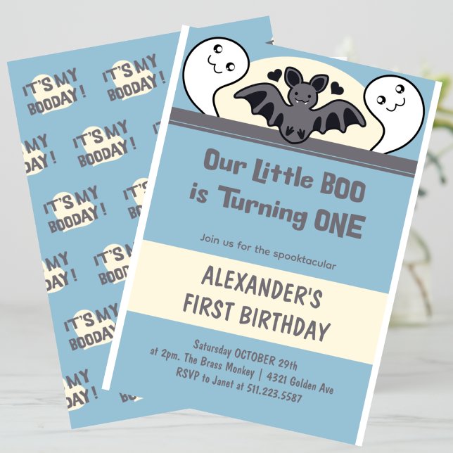 Convites Pequeno Boo Virando um primeiro aniversario de Dia (Halloween-1st-birthday-Invitation-Little-boo-Turning-one-Cute-blue-1)