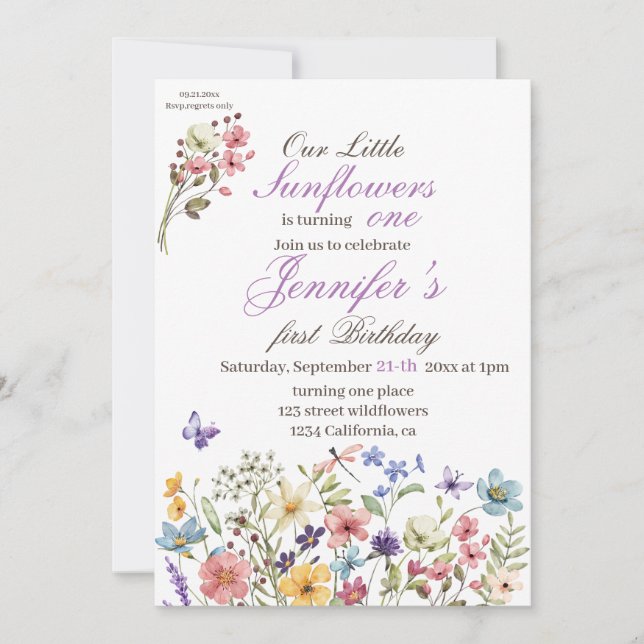 Convites Pequeno Brilhante Flores Selvagens Aquarela Aniver (Frente)