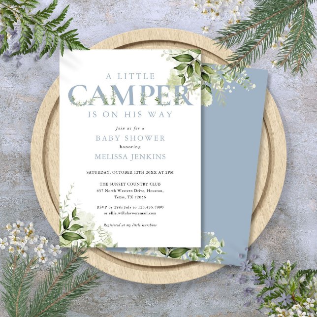 Convites Pequeno Camper Dusty Chá de fraldas Verde Azul (Little Camper Dusty Blue Greenery Baby Shower Invitation)