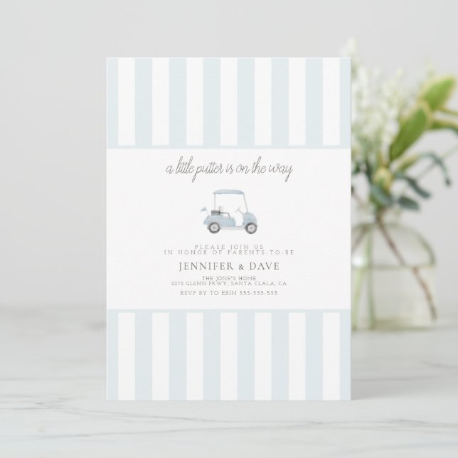 Convites Pequeno carrinho de golfe azul no caminho (Em pé/Frente)