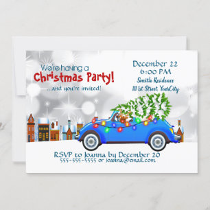 Convites Pequeno Carro Azul e Árvore de Natal Personalizado