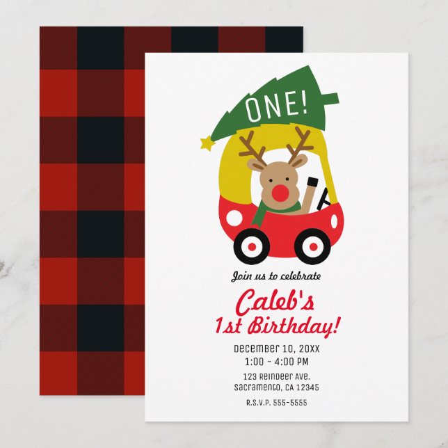 Convites Pequeno Carro Vermelho Rena de Natal Árvore de Nat (Frente/Verso)