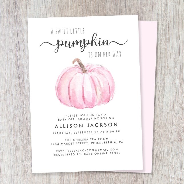 Convites Pequeno Chá de Aquecedora de Pumpkin (Celebrate the upcoming arrival of your autumn baby girl with a pink pumpkin-themed baby shower)