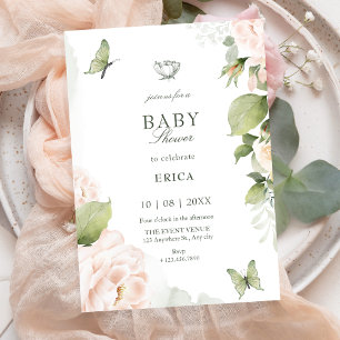 Convites Pequeno chá de bebê de folhas florais rosa suave e