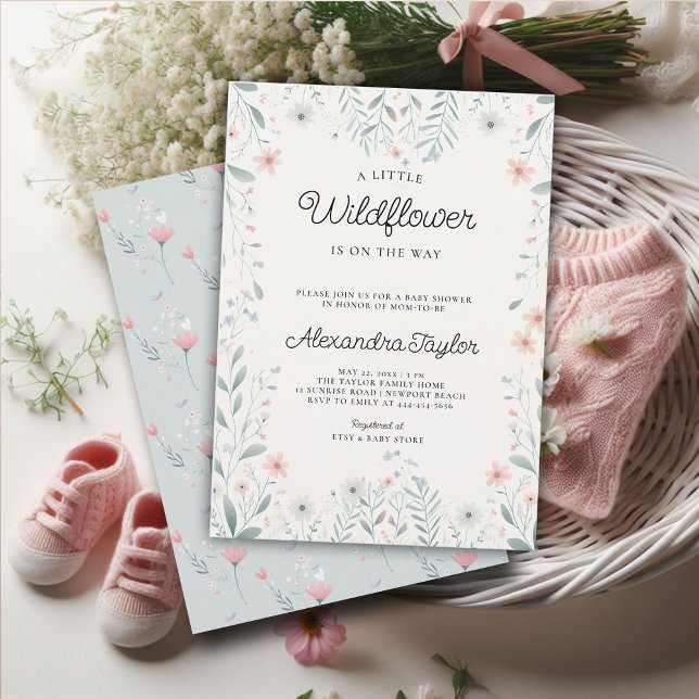 Convites Pequeno Chá de Flores Selvagens Pequenas (little wildflower baby girl shower invitation cottage garden watercolor pink teal pastel cute frame)