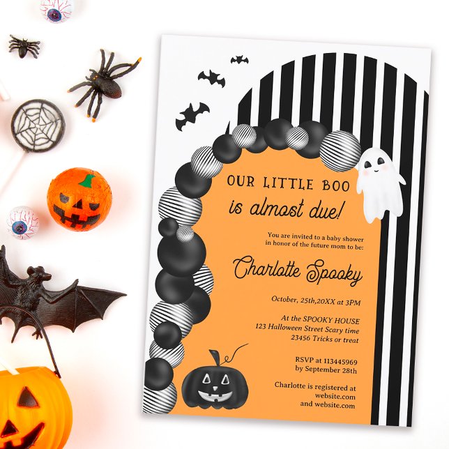 Convites Pequeno chá de fraldas branco preto do Halloween (Black white Halloween little boo baby shower Invitation orange)