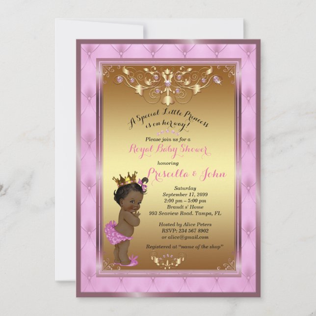 Convites Pequeno Chá de fraldas da Princesa, Rosa, Ouro (Frente)