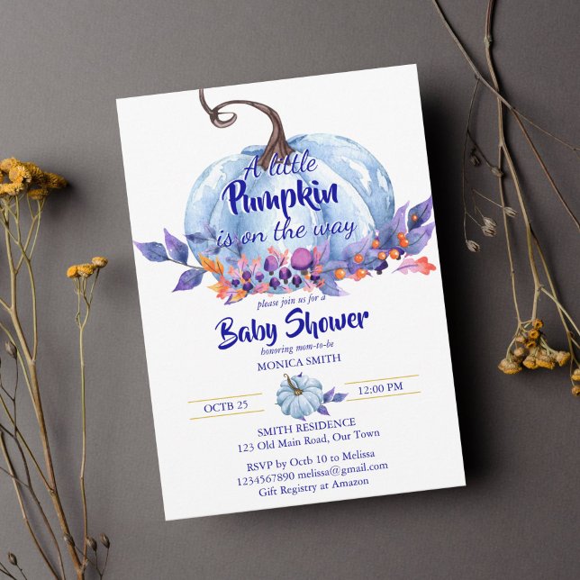 Convites Pequeno chá de fraldas de abóbora azul (Little pumpkin fall baby shower blue pumpkin boys baby shower template invitation instant download)