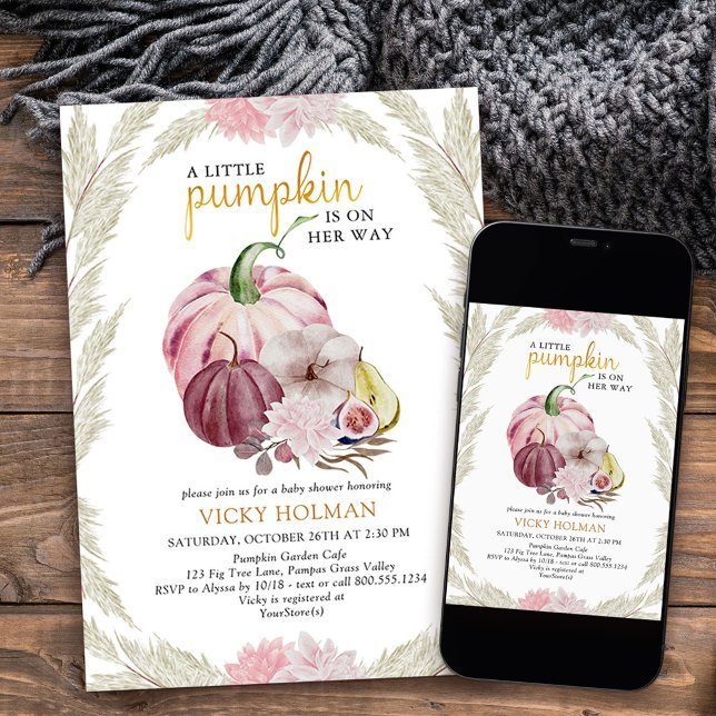 Convites Pequeno Chá de fraldas de abóbora e de grama-pampa (Little Pumpkin Baby Shower invitation from my Little Pumpkin collection
)