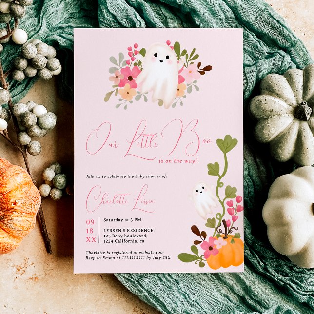 Convites Pequeno chá de fraldas de abóbora floral brilhante (Cute floral ghost pumpkin little boo baby shower invitation)