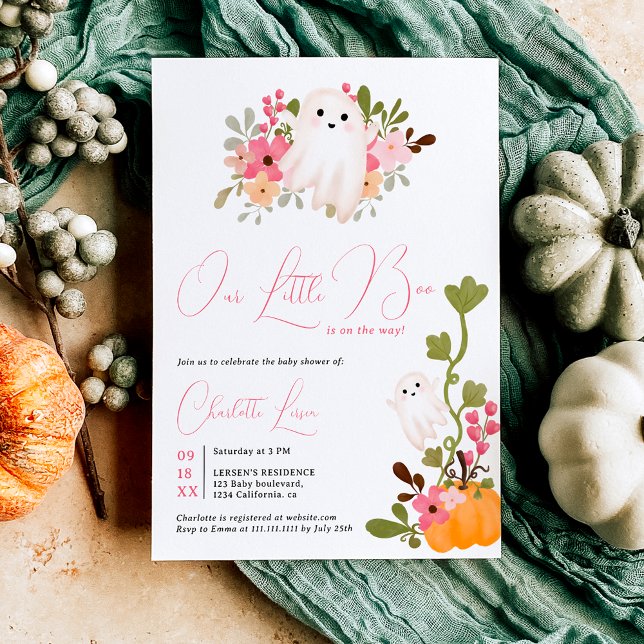 Convites Pequeno chá de fraldas de abóbora floral brilhante (Cute floral ghost pumpkin little boo baby shower invitation)