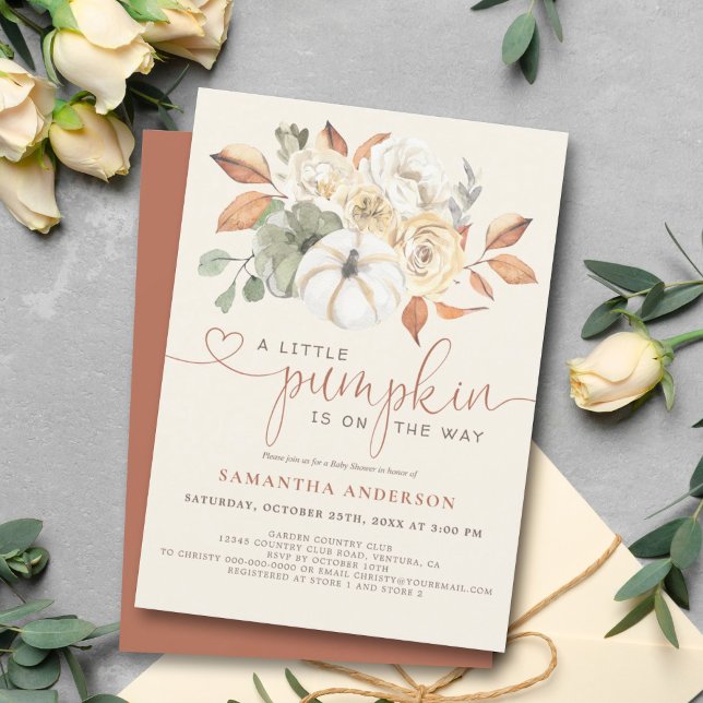 Convites Pequeno Chá de fraldas De Abóbora Floral De Aquare (For a baby shower that will leave a lasting impression, this little pumpkin-themed invite is perfect)