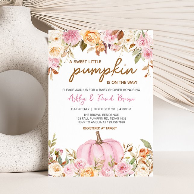 Convites Pequeno Chá de fraldas de Abóbora Floral Rosa (Girl Floral Pumpkin Baby Shower Invitation)