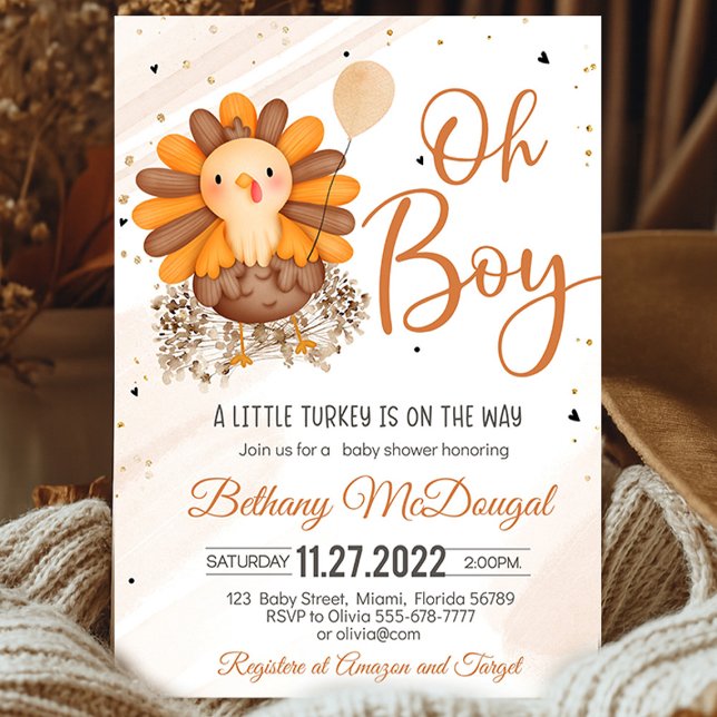 Convites Pequeno Chá de fraldas de Ação de Graças da Turqui (Little Turkey On The Way! Thanksgiving baby shower favor tags with turkey design, warm autumn colors)