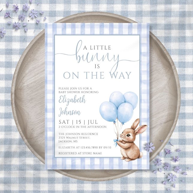 Convites Pequeno Chá de fraldas de Balões Azuis (Little Bunny Blue Balloons Boy Baby Shower Invitation)