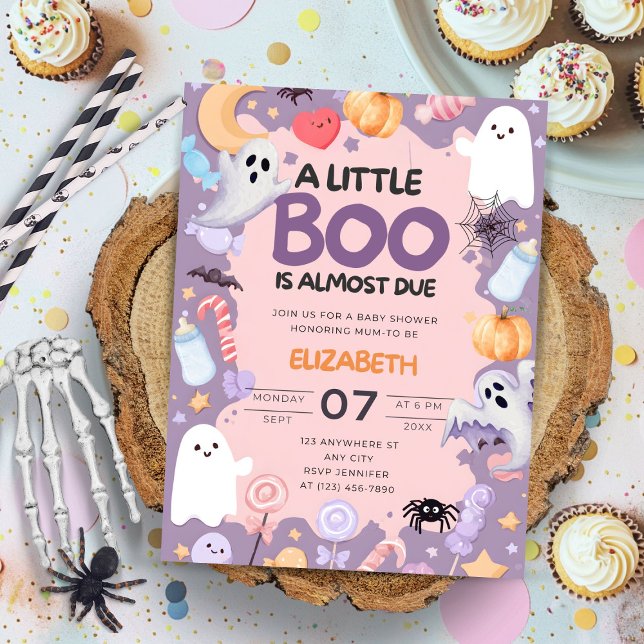 Convites Pequeno chá de fraldas de Boo Halloween (Little Boo is Almost Due Halloween baby shower invitation featuring cute watercolor ghost, pumpkin, )
