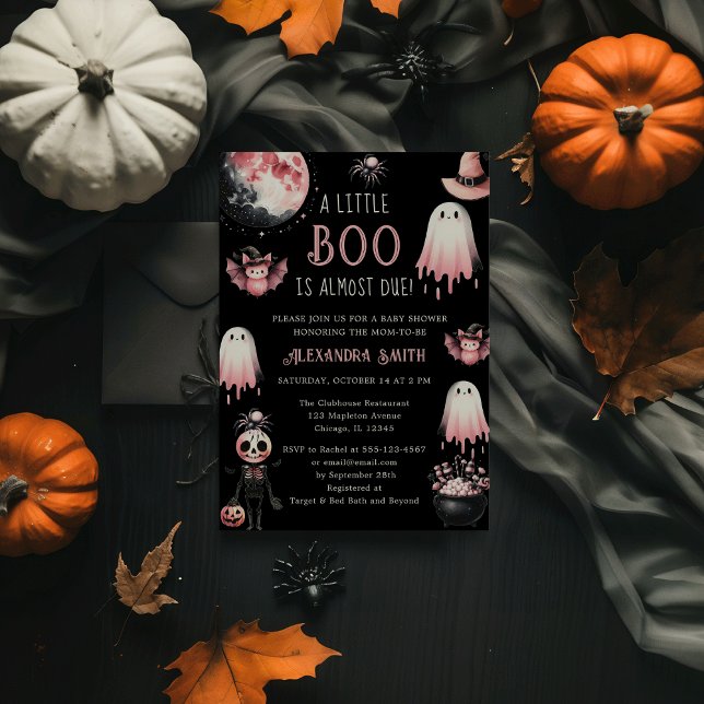 Convites Pequeno Chá de fraldas de Boo Rosa e Negra (Little Boo is Almost Due! Pink & Black Halloween Girl Ghost Baby Shower Invitation)
