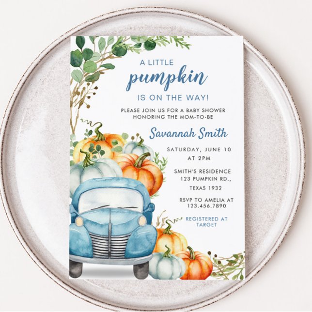 Convites Pequeno Chá de fraldas de Caminhão Azul Pumpkin (Fall Pumpkin Blue Truck Baby Shower Invitation)