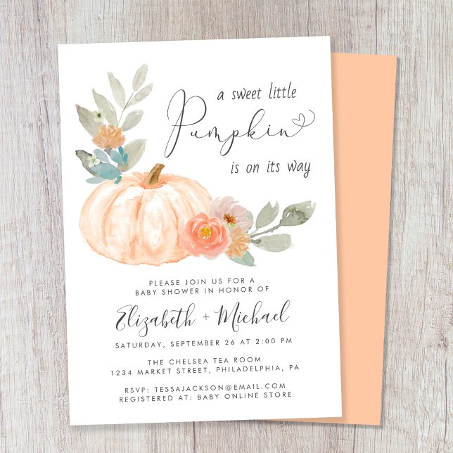Convites Pequeno Chá de fraldas de Casais de Aquarela para  (Celebrate the upcoming arrival of your sweet little autumn baby with a pumpkin-themed baby shower)