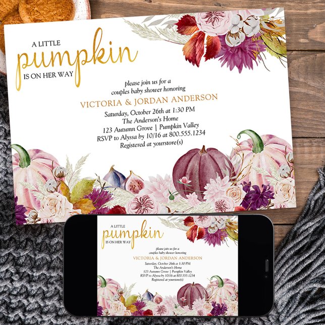 Convites Pequeno Chá de fraldas de Casais Florais Russos de (Fall baby shower with pink pumpkins and autumn theme from my Little Pumpkin collection)