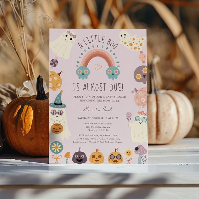 Convites Pequeno Chá de fraldas de Dia das Bruxas Retro de  (Little Boo Retro Halloween Baby Shower Invitation - Groovy Ghost, Pumpkin, Rainbow & Candy )