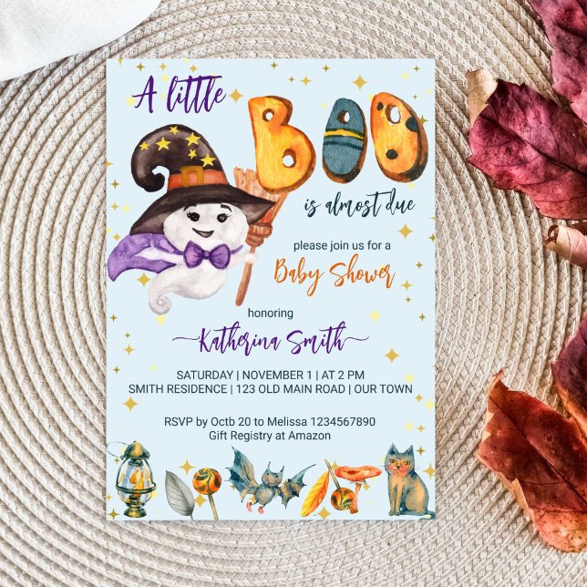 Convites Pequeno chá de fraldas de fantasma de bebê fofo do (Little boo Halloween baby shower template invitation instant download cute baby ghost with a hat cat)