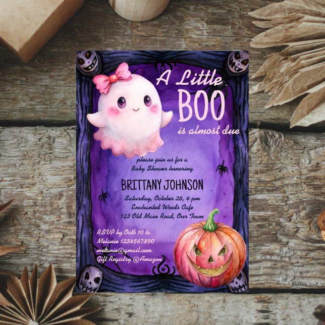 Convites Pequeno chá de fraldas de fantasma rosa-rosa-rosa- (Little boo Halloween pink cute bow ghost baby shower Invitation template instant download)